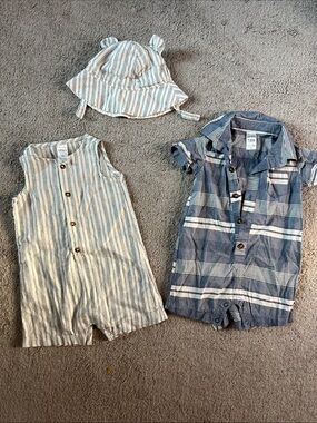 Baby Striped Romper Set with Sun Hat - Gray & Cream 12M